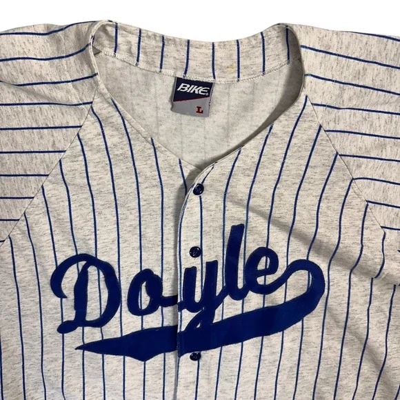 Vintage Bike Doyle Baseball Jersey Gray Blue Striped Mens Sz Large *SLEEVE STAIN - Picture 3 of 9